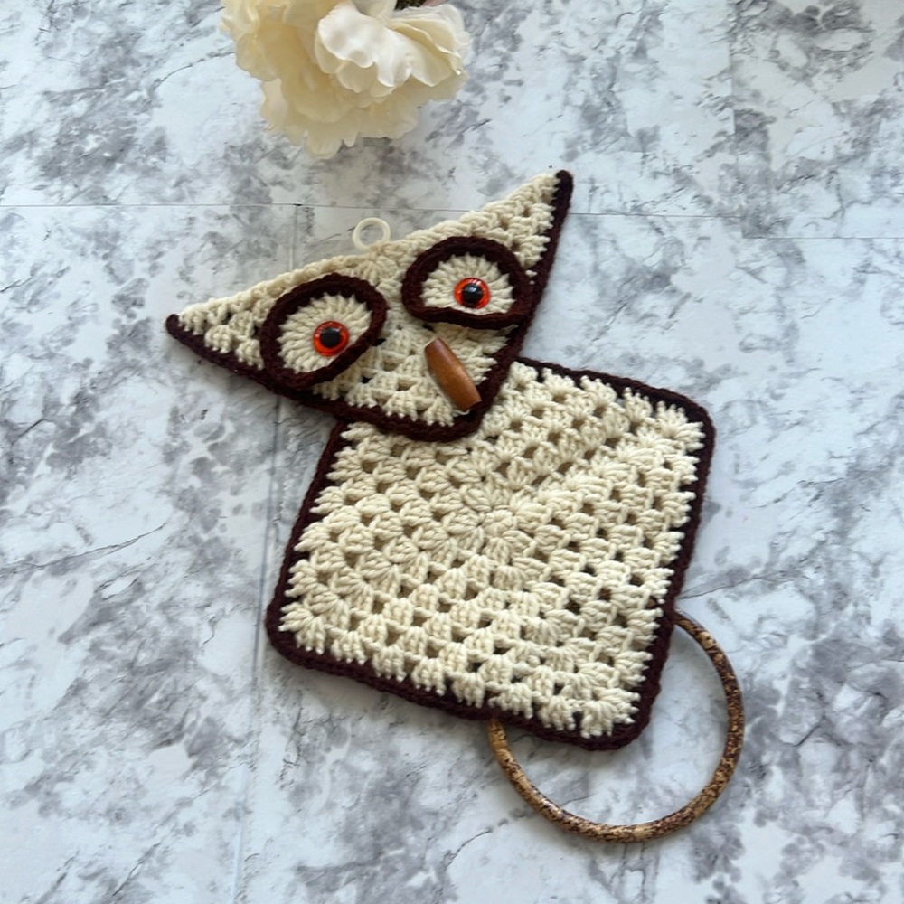 Macrame crochet OWL brown cream hanging decor handmade retro 70’s